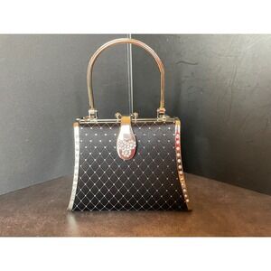 Quilted Satin Evening Bag Womens Small Black Silver Rhineston Box